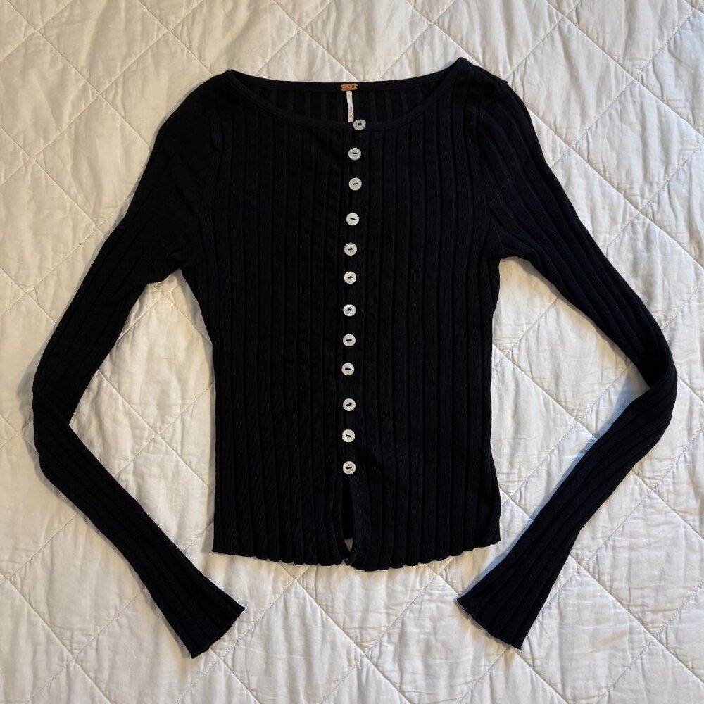 FREE PEOPLE Tilly Ribbed Long Sleeve Button-Up Black XS - Picture 2 of 9